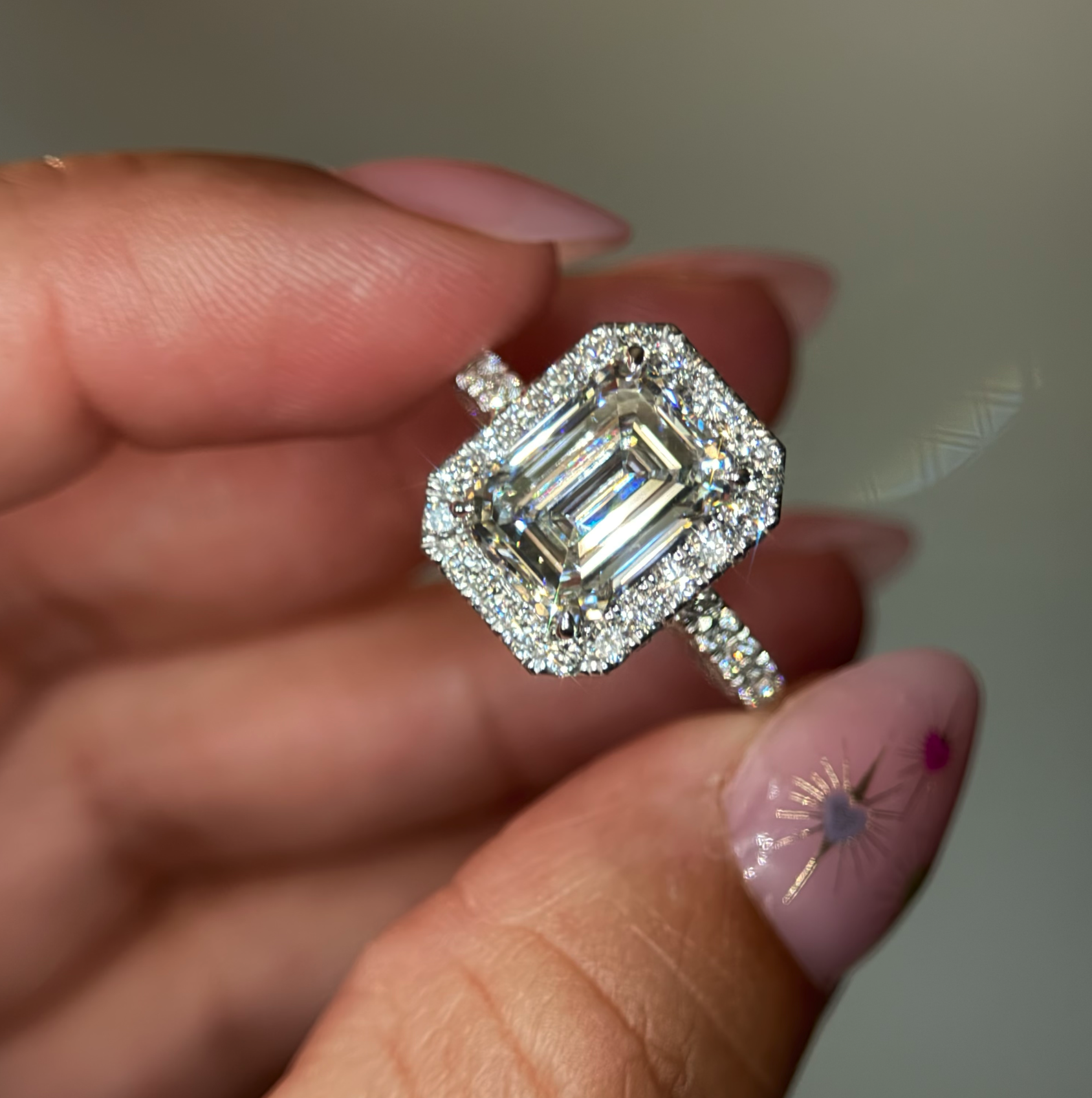 6.70 Carat Emerald Halo 3D  Diamond Engagement Ring
